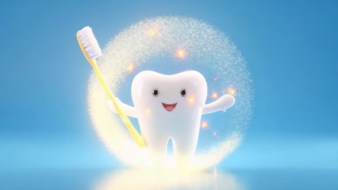 A Cheerful Tooth Character Holds a Bright Yellow Toothbrush, Surrounded by Sparkling Magic, Emphasizing the Importance of Dental Hygiene and Enjoying Healthy Smiles for All Ages