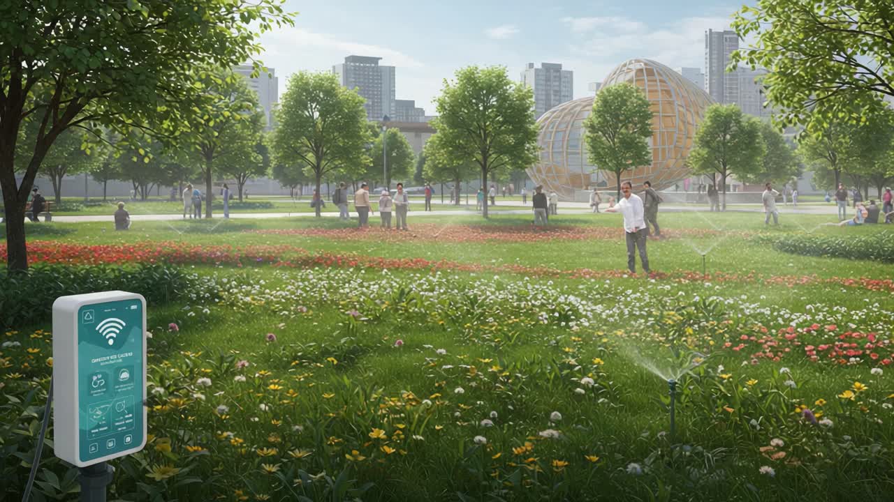 A Vibrant Urban Park Scene Featuring Lush Greenery, Flowering Plants, and State-of-the-Art Technology for Connectivity and Irrigation