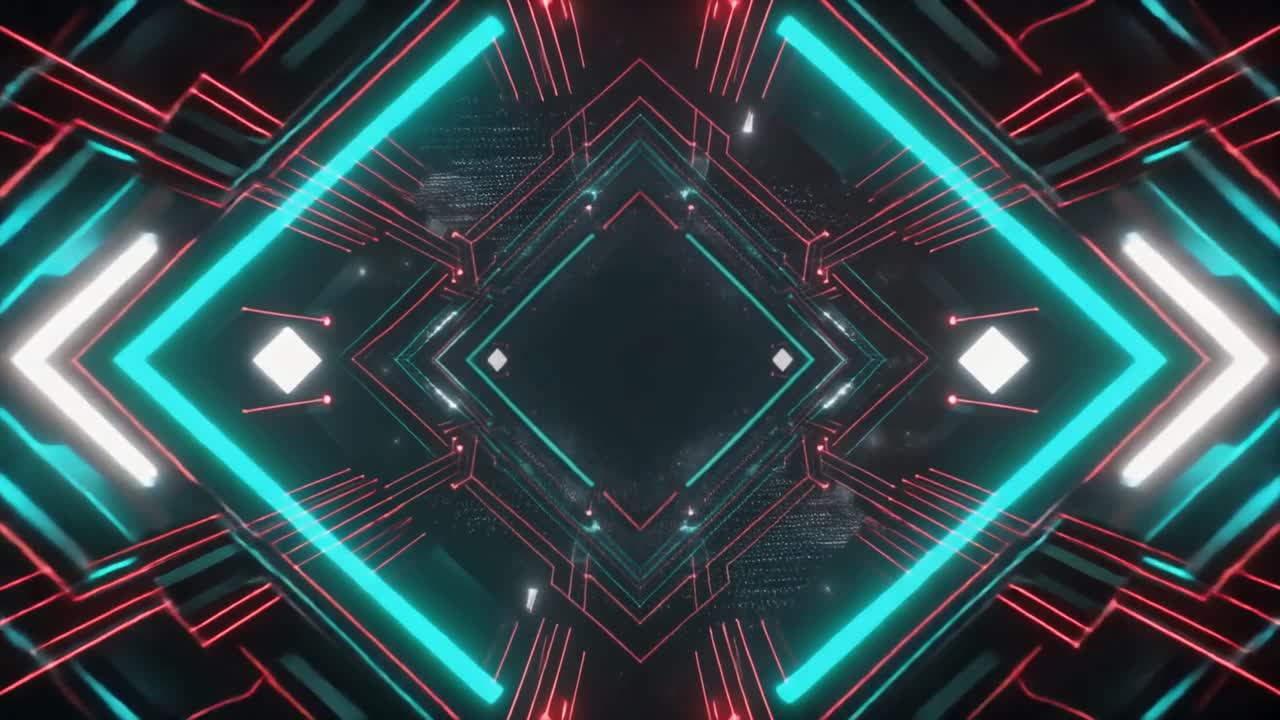 Tunnel Digitale Futuristico con Linee Rosse e Ciano Luminose