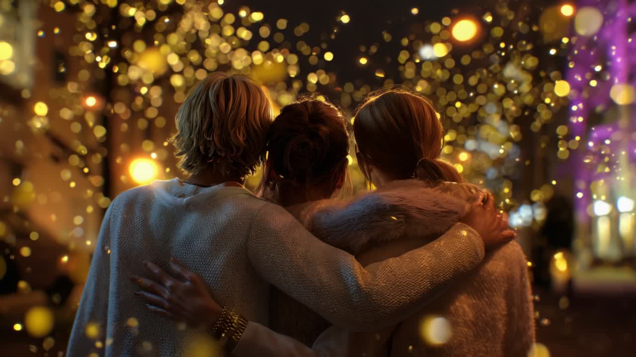 Three friends embracing each other against a backdrop of dazzling lights and shimmering bokeh effects, creating a warm, whimsical atmosphere that captures the magic of togetherness and joy in a festive setting