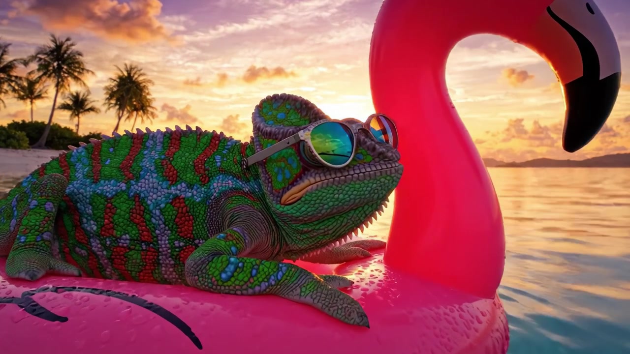 Um Camaleão Colorido Relaxando em uma Boia de Piscina de Flamingo ao Pôr do Sol em uma Praia Serena, Exibindo a Beleza da Natureza e Criaturas Únicas em Perfeita Harmonia
