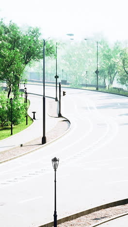 empty street with street lights and trees