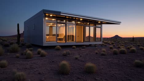 modern, prefabricated, sustainable house glowing warmly in the desert landscape at sunset, seamlessly blending comfort with nature and offering a serene escape into the wilderness