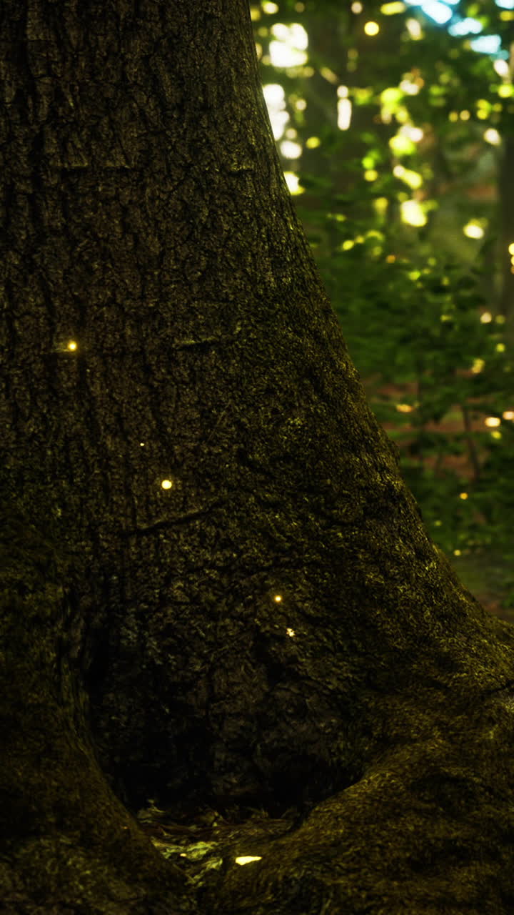 Lucciole che brillano in una foresta di notte.