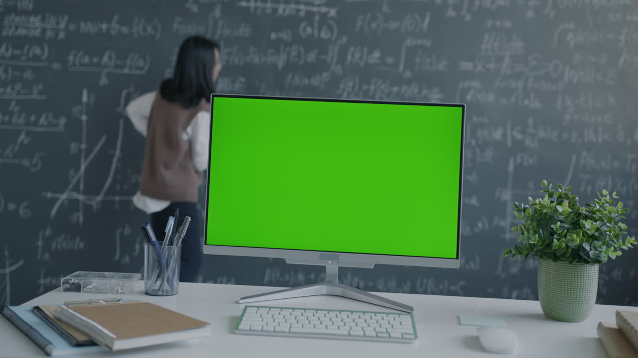 Student or teacher using a computer in a classroom with a green screen