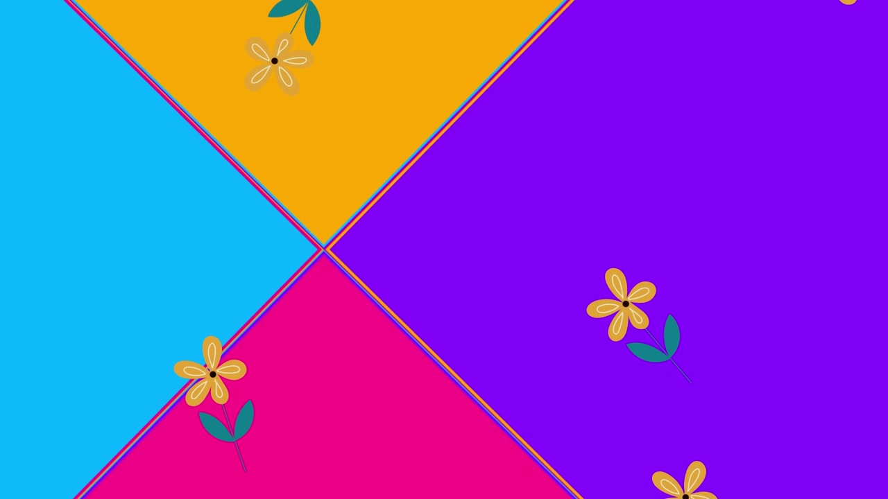 Animação de flores sobre formas coloridas em fundo branco