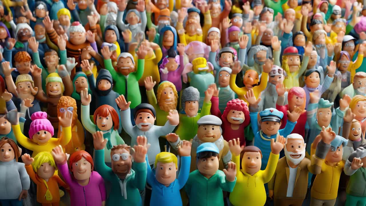 Diverse Crowd of Colorful Figurines Raising Their Hands in Unison, Representing Community, Unity, and Enthusiasm in a Vibrant and Playful Assembly of Small Characters