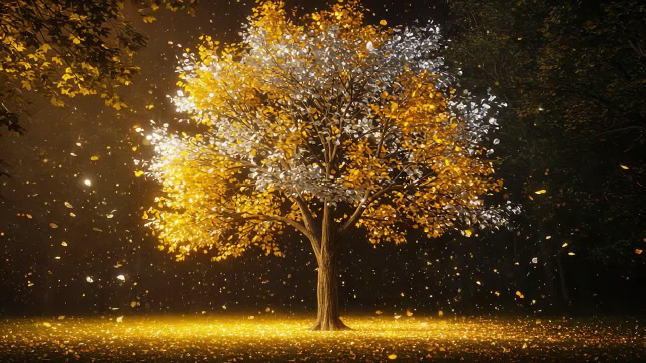 A Majestic Tree Stands Alone Amidst a Cascade of Autumn Leaves, Bathed in Golden Light and Capturing the Essence of Nature's Change in the Heart of the Forest