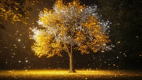 a majestic tree stands alone amidst a cascade of autumn leaves, bathed in golden light and capturing the essence of nature's change in the heart of the forest