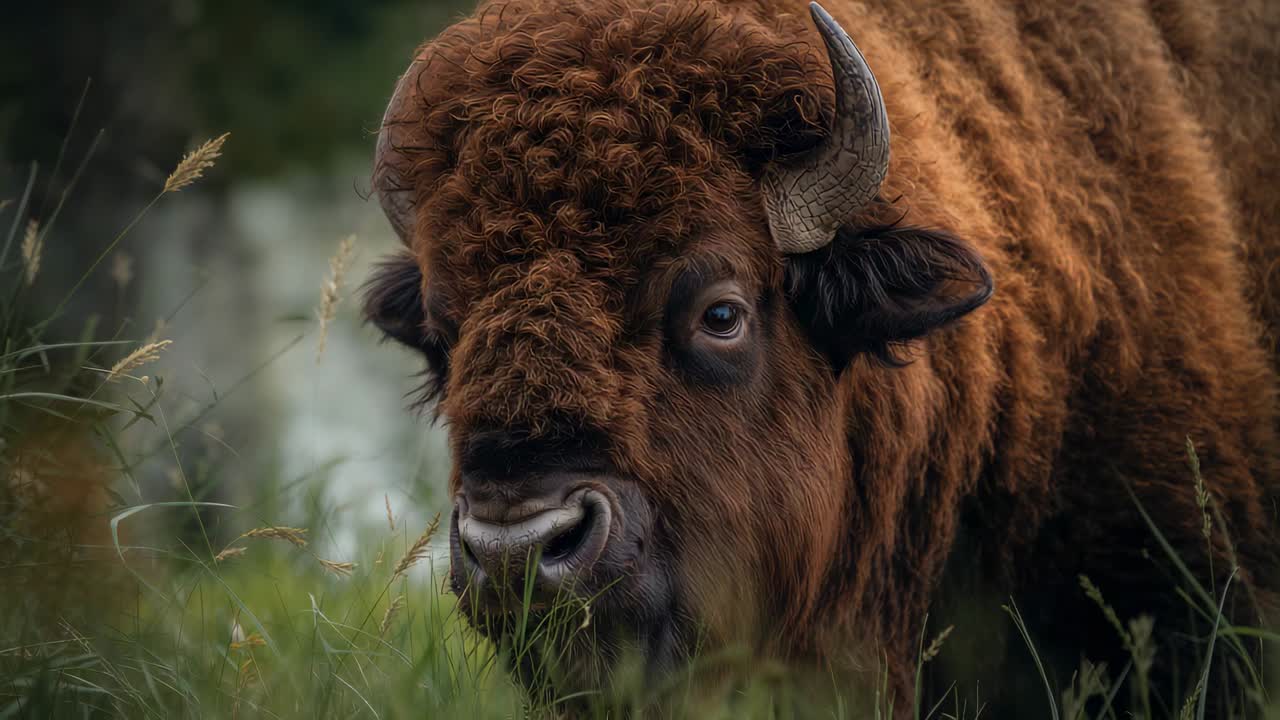 Grazing brown bison feeding on meadow as tall grasses brushing muzzle showing horns and curly fur