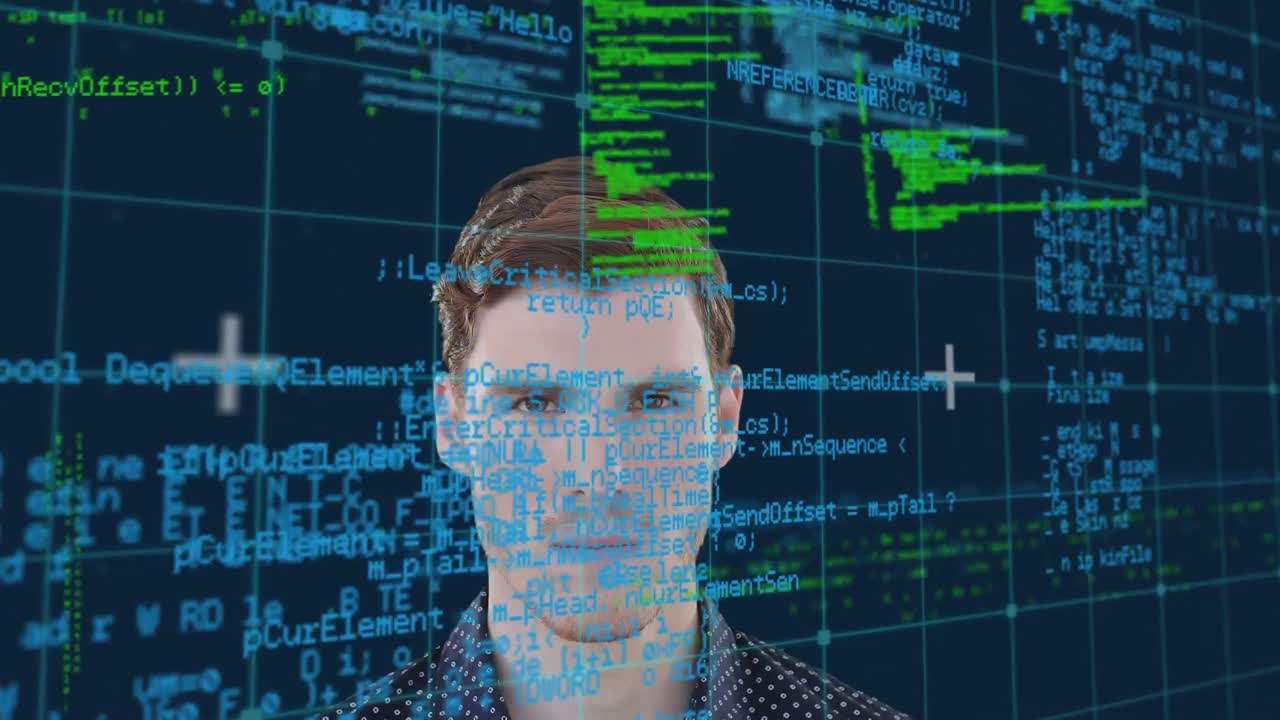 animación de procesamiento de datos y hombre de negocios caucásico sobre la faja