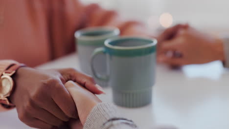 coffee, women and holding hands with support