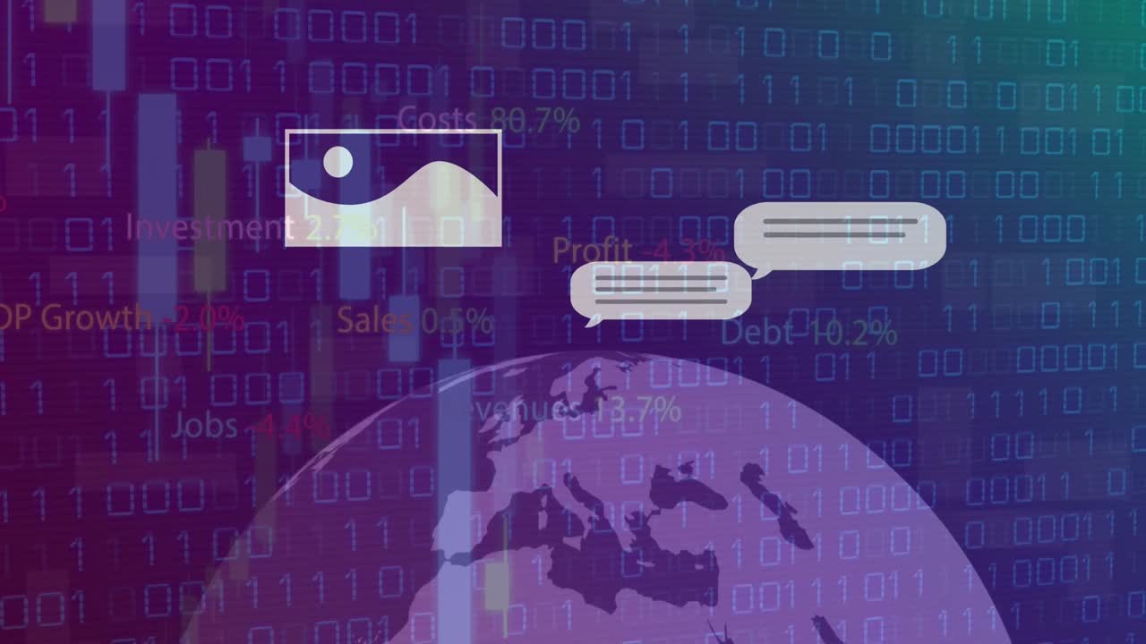 Animation of ai text and icon, data processing over globe