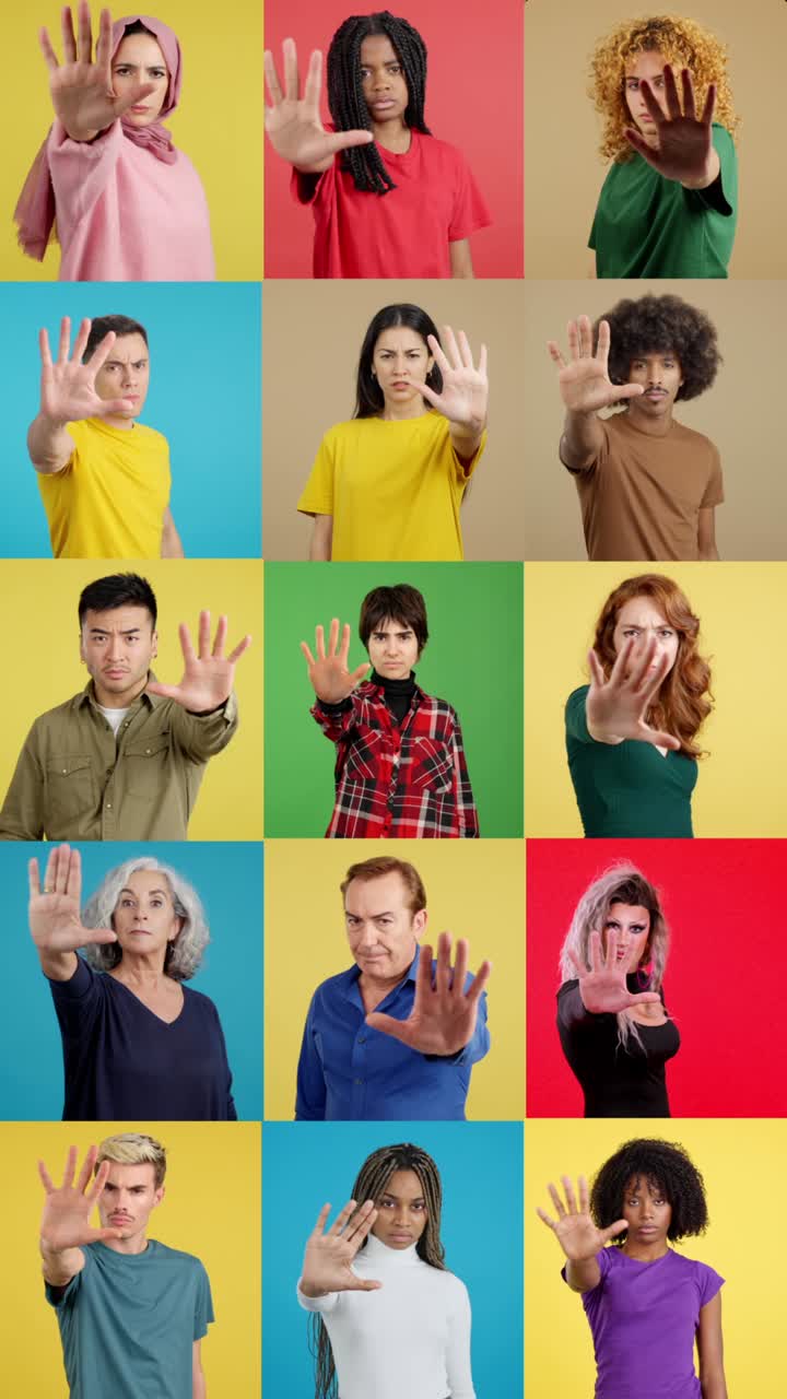Group of diverse people expressing stop gesture
