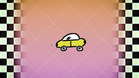 car drawing on pink background with black and white checkerboard moving on left and right