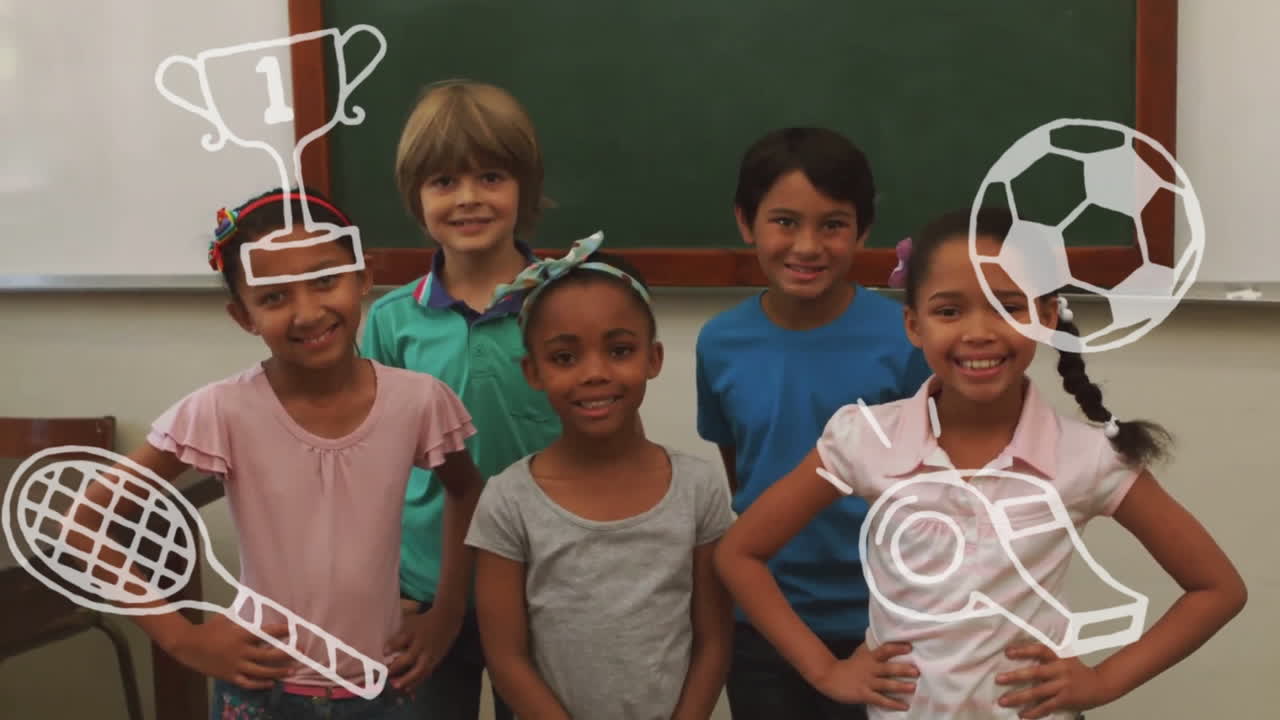 Animação de ícones de esportes sobre crianças em idade escolar diversas em uma sala de aula
