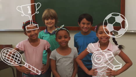 animation of sports icons over diverse schoolchildren in classroom