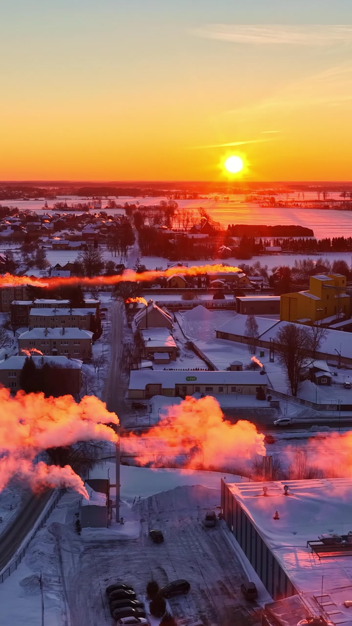 Verticale luchtfoto met terugtrekkende beweging van besneeuwde woonhuizen naar een werkende industriële fabriek met rokende schoorstenen en silo's bij zonsondergang in Jelgava, Letland