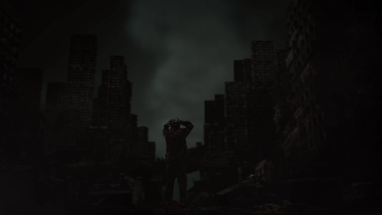 vista trasera completa del cuerpo de un soldado masculino asiático con las manos detrás de la cabeza mirando a su alrededor mientras está de pie en medio de una ciudad en ruinas después de una guerra