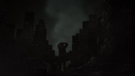 full body back view of asian male soldier with hands behind head looking around while standing in the midst of a ruined city after a war