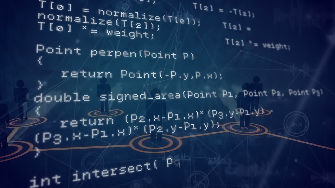 Animation of networks of connections with icons and data processing over black background