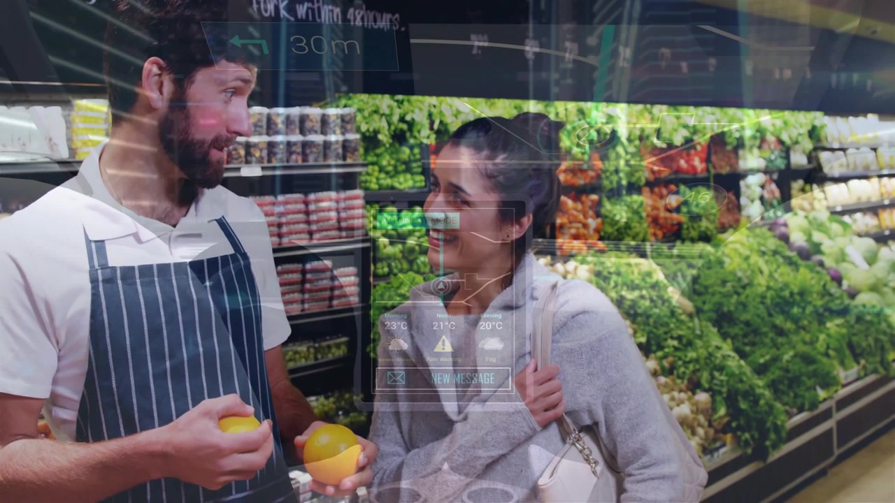 Video vertical: Empleado de frutería ofreciendo naranjas, comprador eligiendo mientras una interfaz de usuario tenue muestra la calidad