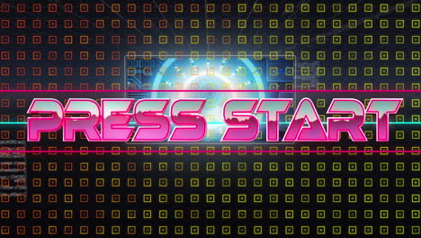 animation of press start in digital abstract space with screen