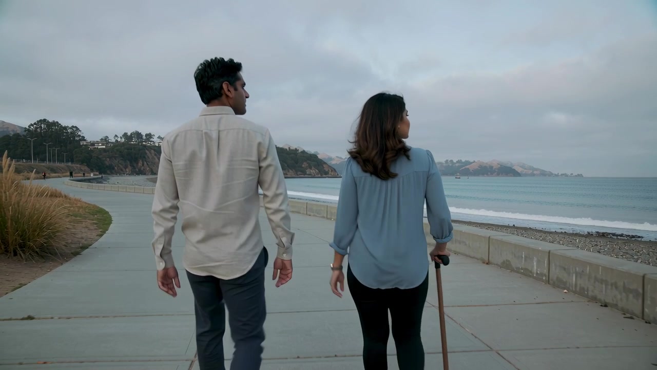 Strolling couple man beige top woman blue top promenade for leisure, woman using cane rear camera