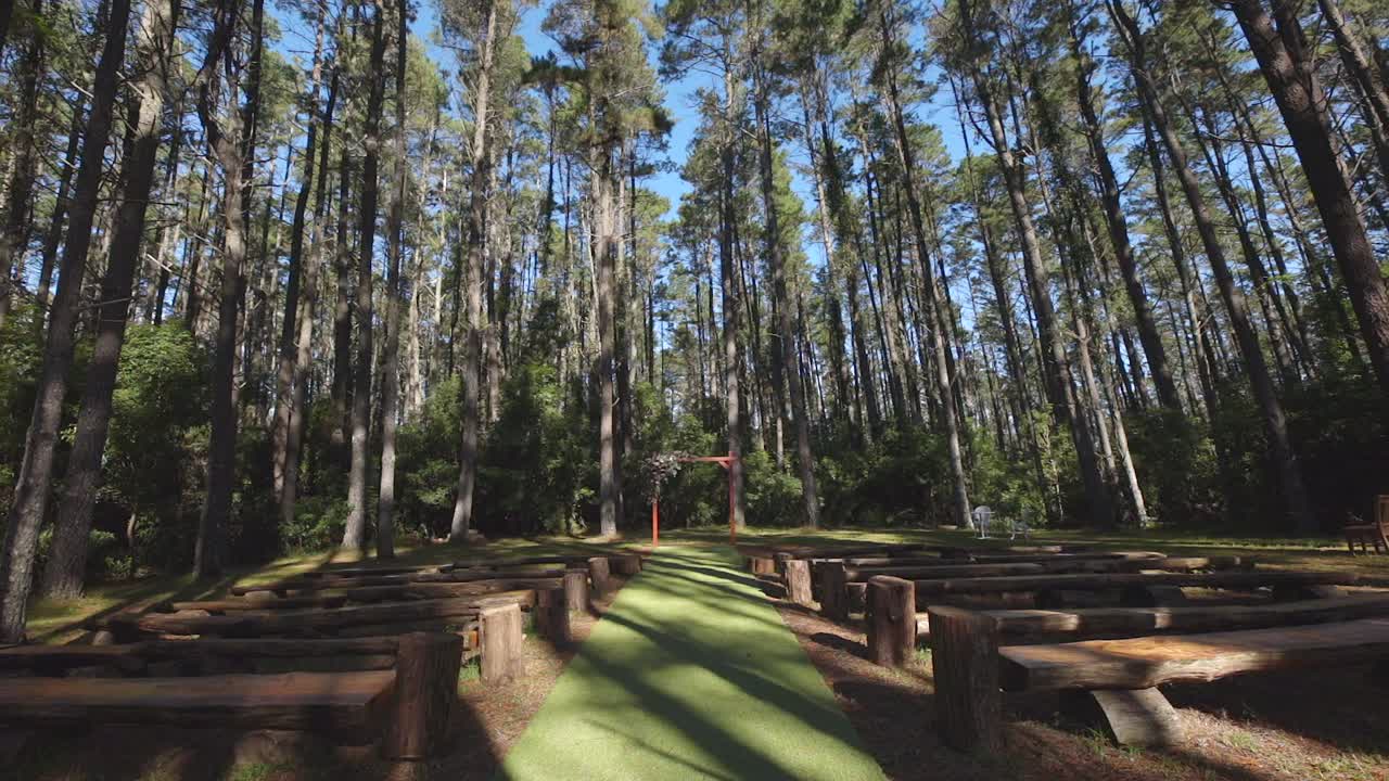 lugar de la ceremonia de boda en el bosque con bancos de madera - arco de flores