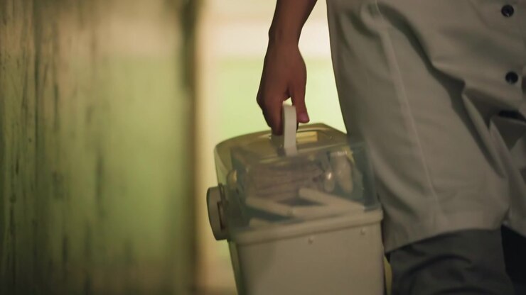 Infermiera che cammina nel corridoio dell'ospedale trasportando un contenitore termico con vaccini e forniture, illuminazione verde fioca, primo piano sulla parte inferiore del corpo e sulle mani, uniforme bianca abbottonata, passo urgente verso la stanza del paziente
