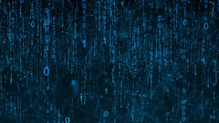 Binary coding cascades deep blue digital plexus network symbolizing data transfer encryption