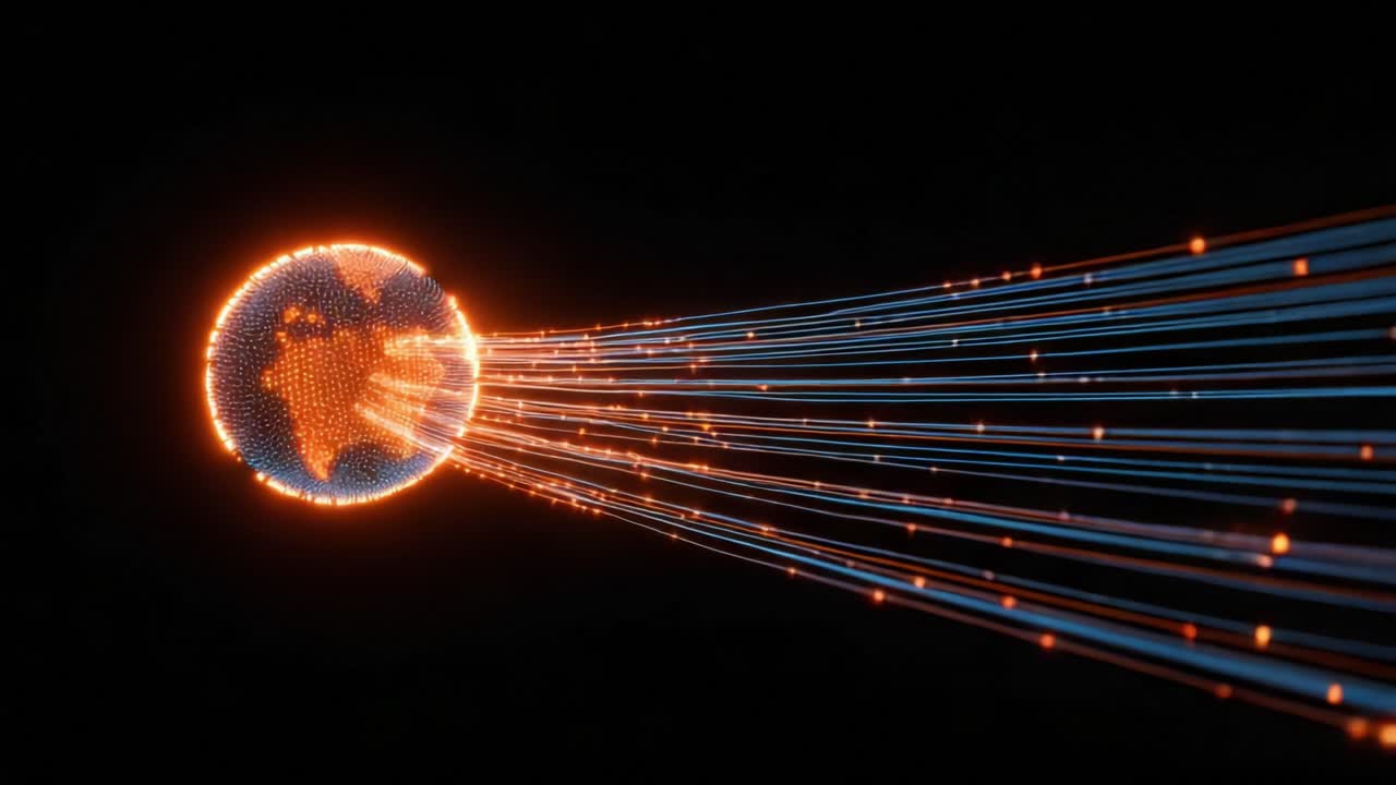 Glowing digital earth with continents emitting streams of data through fiber optic cables, representing global network communication, high speed internet, and worldwide information exchange