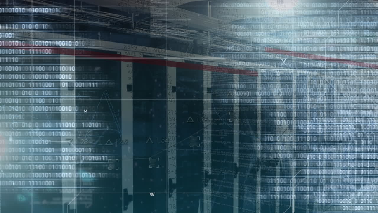 Animation of binary codes over connected dots and graph against server room in background
