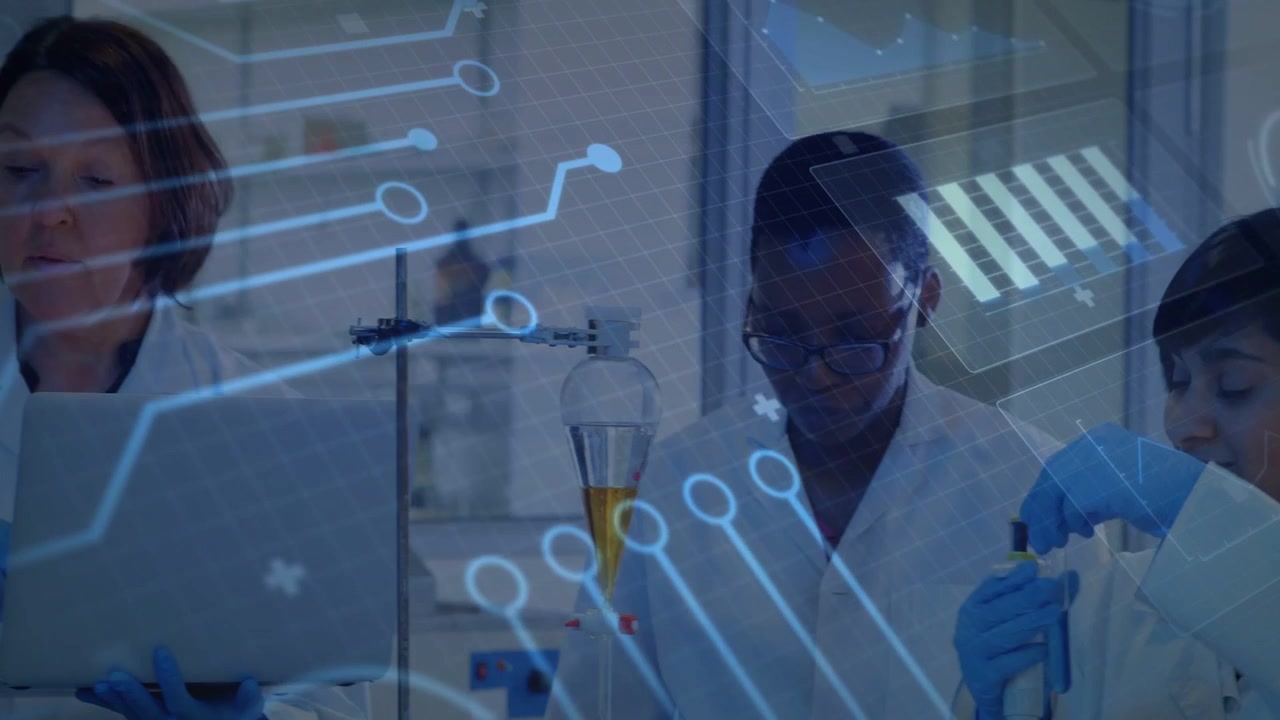Lab team peering into microscope and consulting laptop, overlay guiding pipetting and logging data