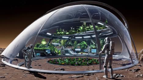 astronauts exploring a martian greenhouse