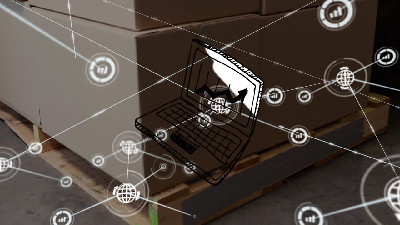 animación de la ilustración del portátil, iconos conectados sobre cajas de cartón en paletas de madera en el almacén.