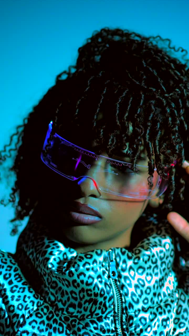 Futuristic portrait of a woman with cyberpunk glasses and a leopard print jacket