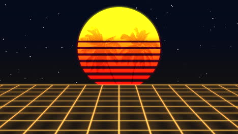 gran sol y palmeras de verano con rejilla amarilla en galaxia