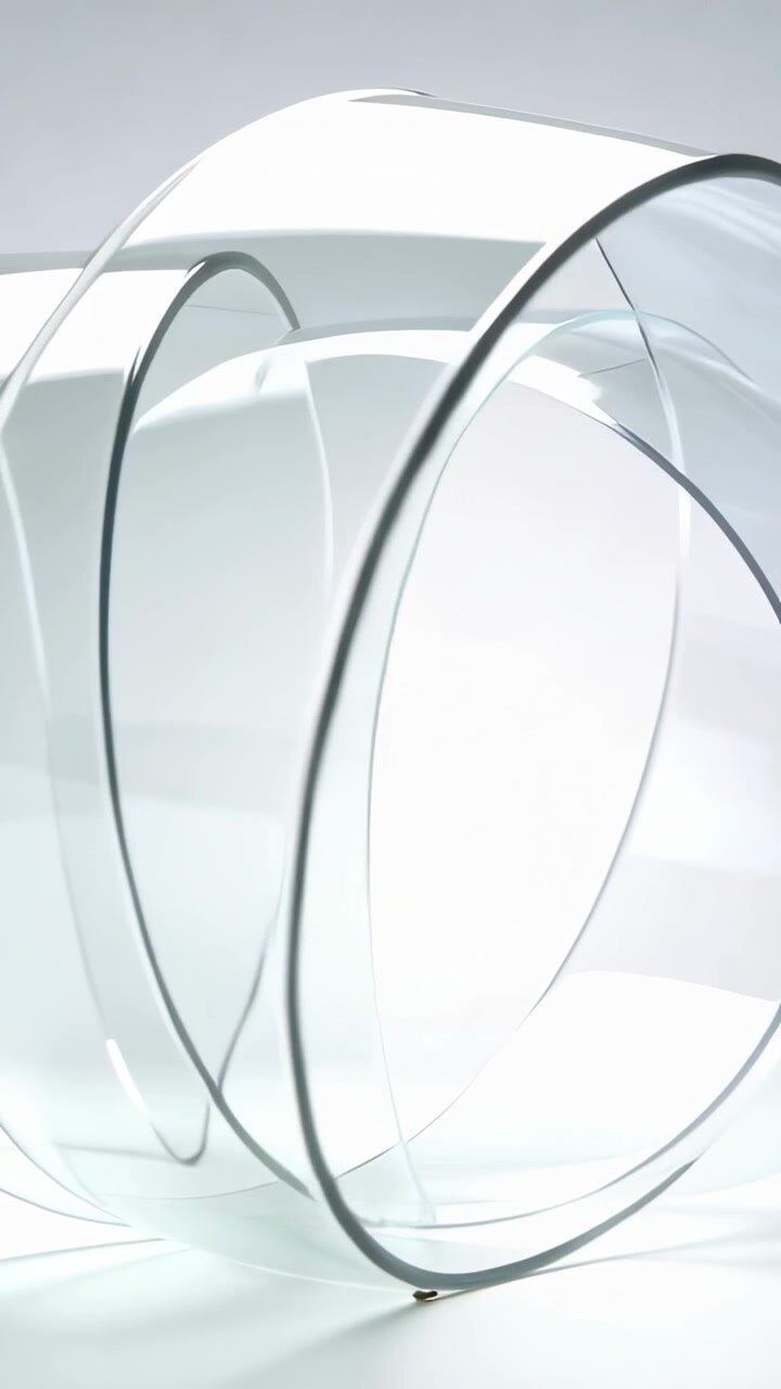 Vertical video: Camera moving, rotating glass rings shifting on white plinth, revealing reflections