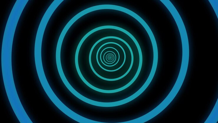 Caindo em um túnel hipnótico sem fim com um anel azul pulsante e levemente neon brilhante surgindo