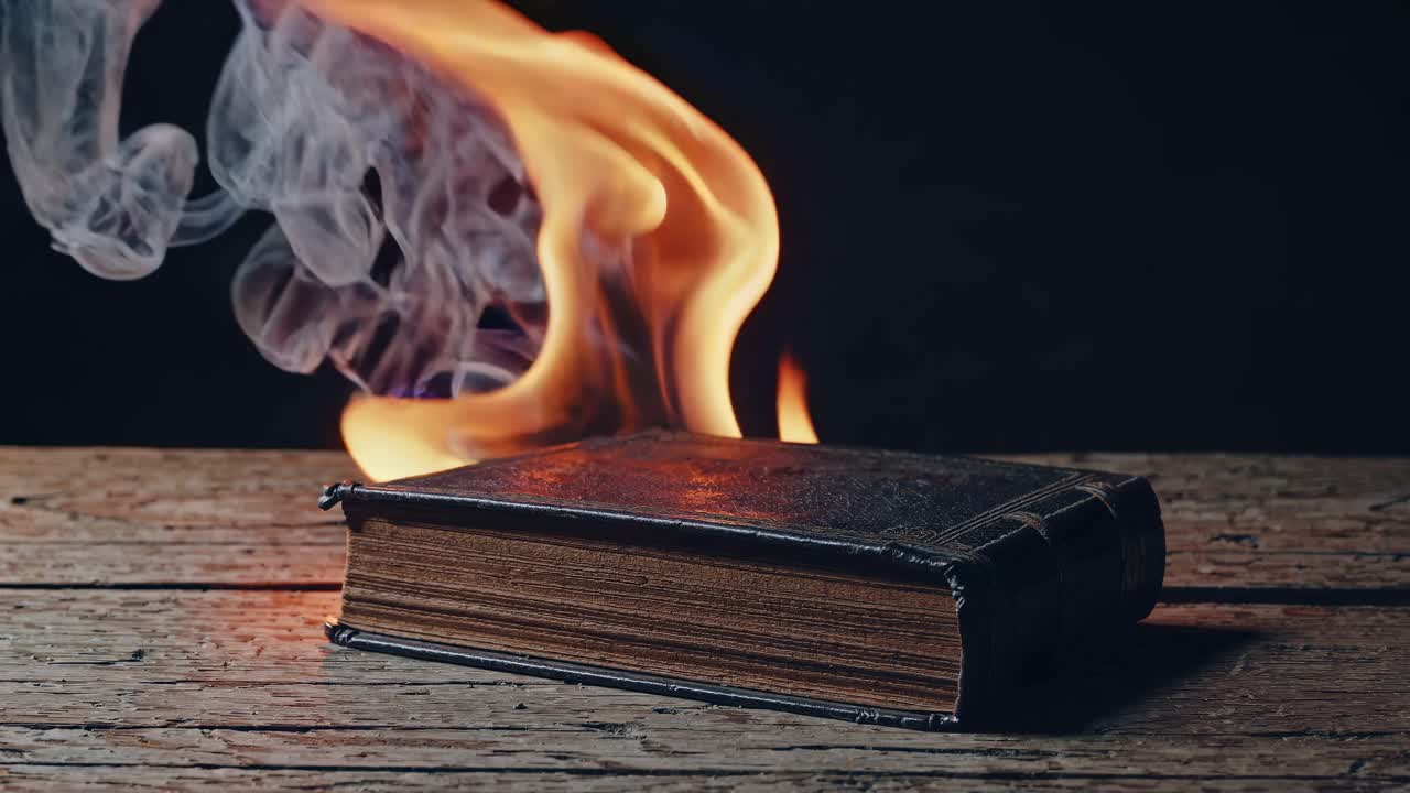 Un video drammatico ravvicinato di un libro in fiamme su un tavolo di legno, con fiamme e fumo