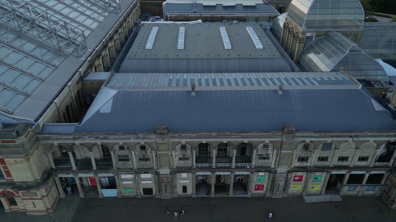 Alexandra Palace aerial view looking down over glass rooftops of Victorian entertainment attraction