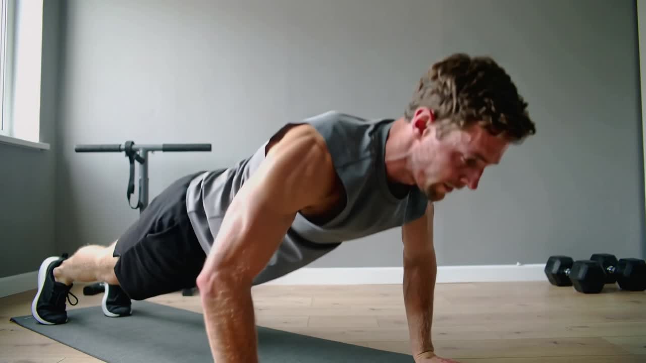 Uomo in canotta grigia che, a casa, inizia un high plank, alternando le ginocchia per la forza del core, con manubri
