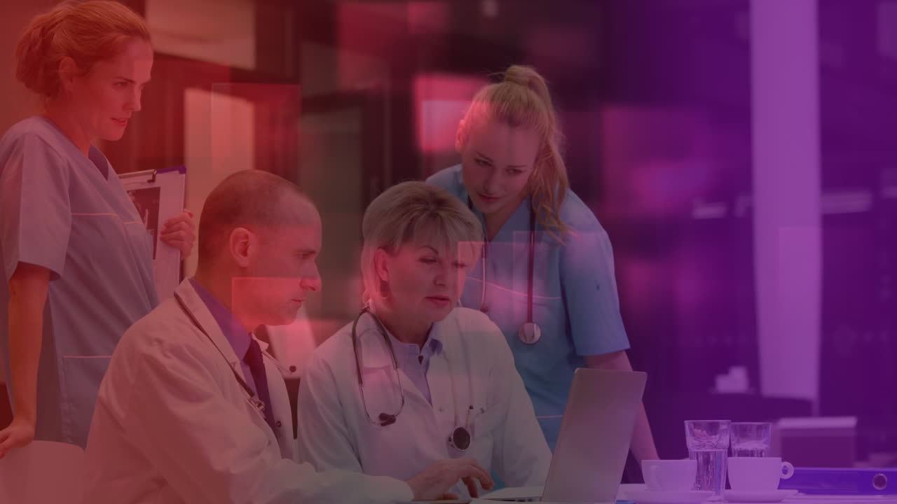 노트북을 사용하는 코카시안 의사들에 대한 사각형의 애니메이션