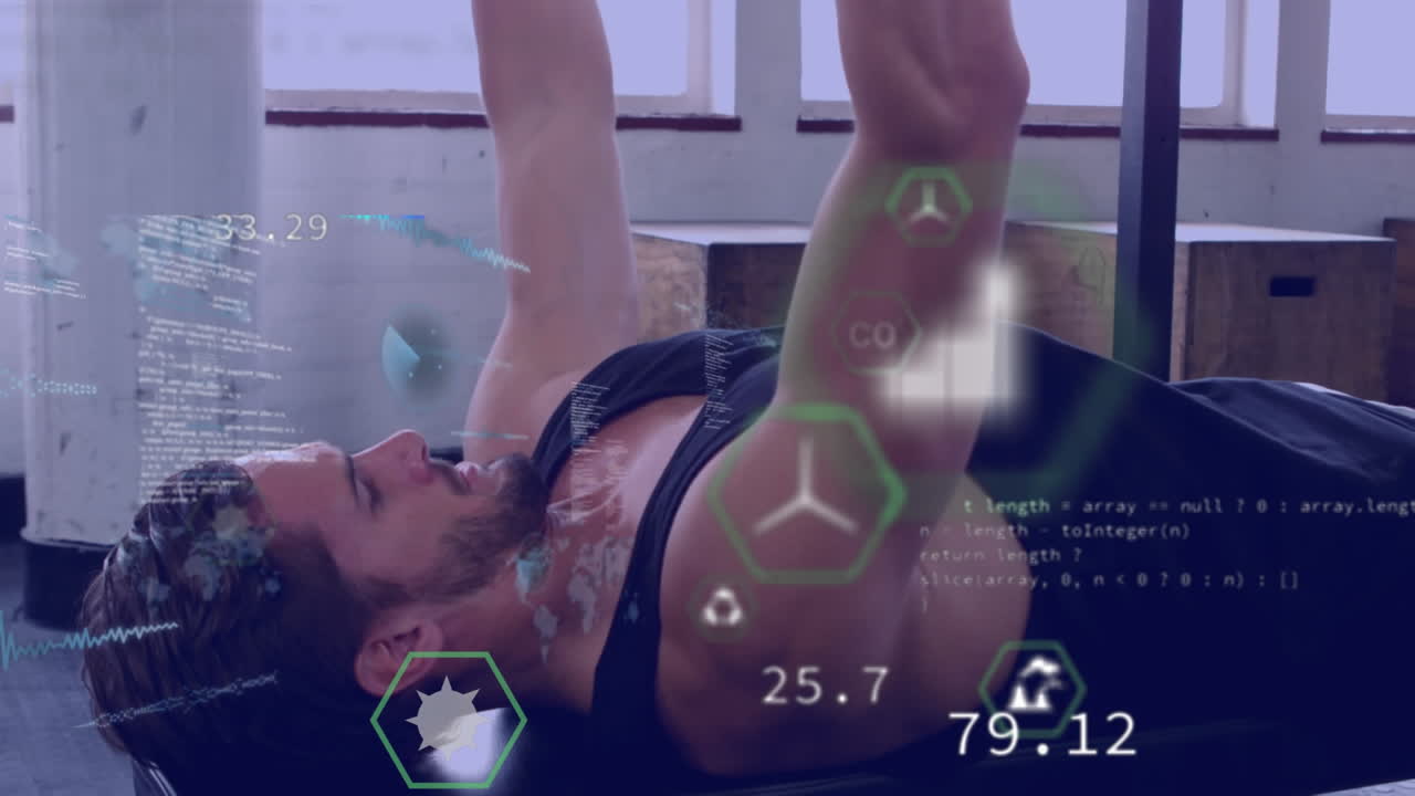 Animation of dna strand and data processing over strong man exercising
