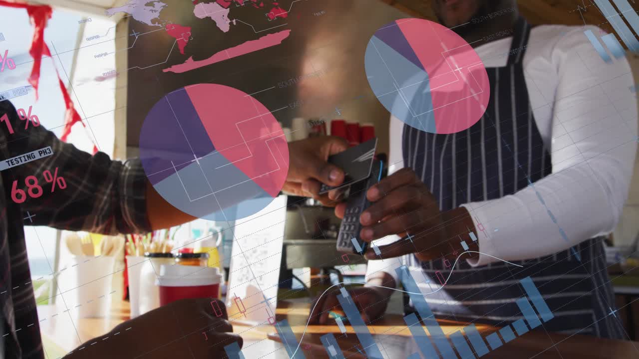 Animasjon av databehandling over afrikansk-amerikansk mann som betaler med kredittkort