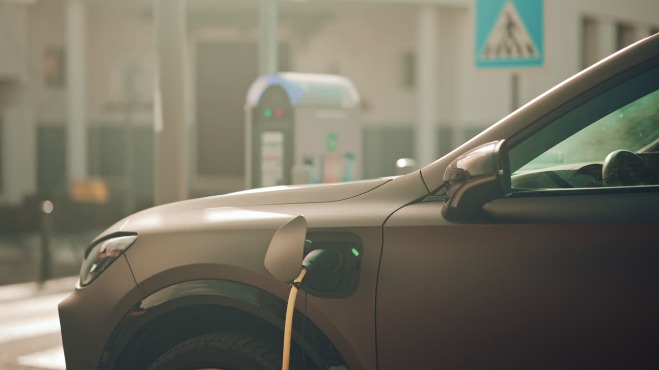 Close up of an electric vehicle plugged into a charging station