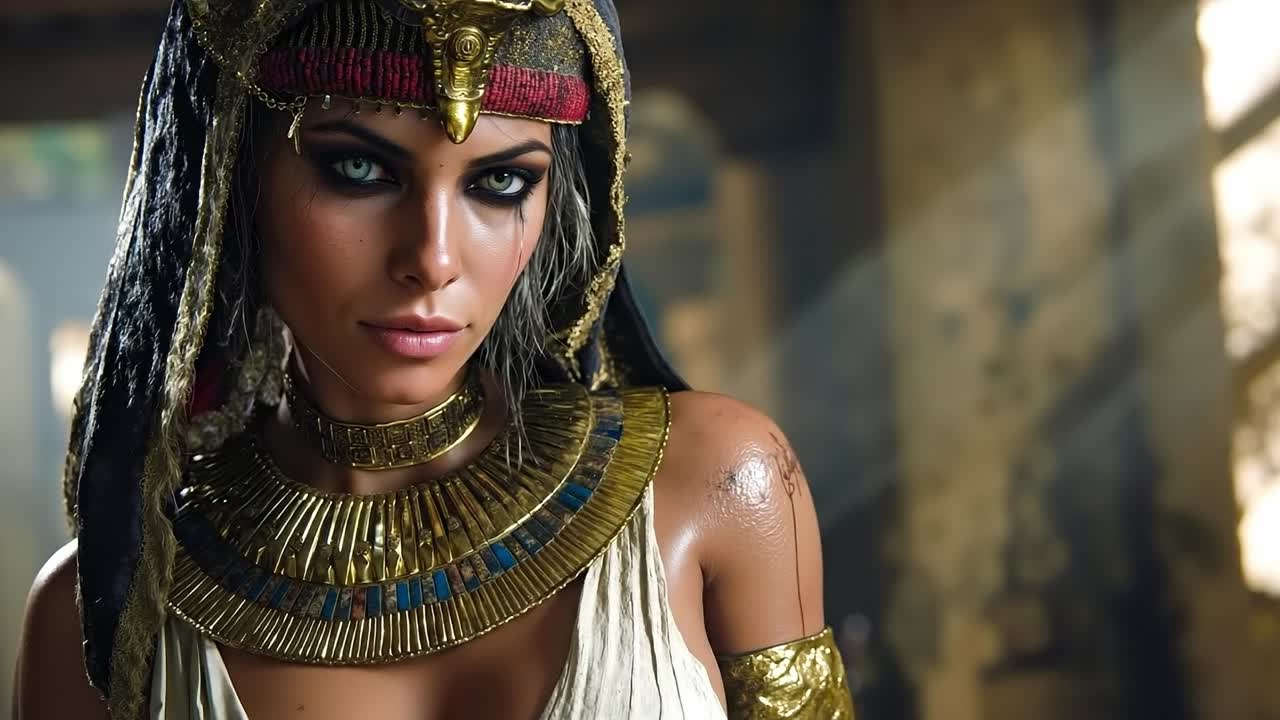 A woman dressed as an egyptian woman wearing a gold necklace and headdress