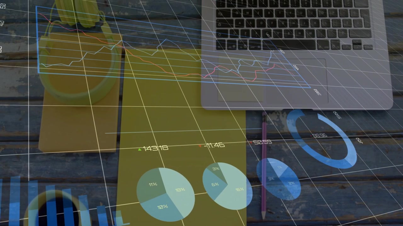 Laptop activating, workspace projecting data charts rising and rotating to visualize analytics
