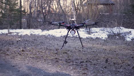 drone in a winter forest